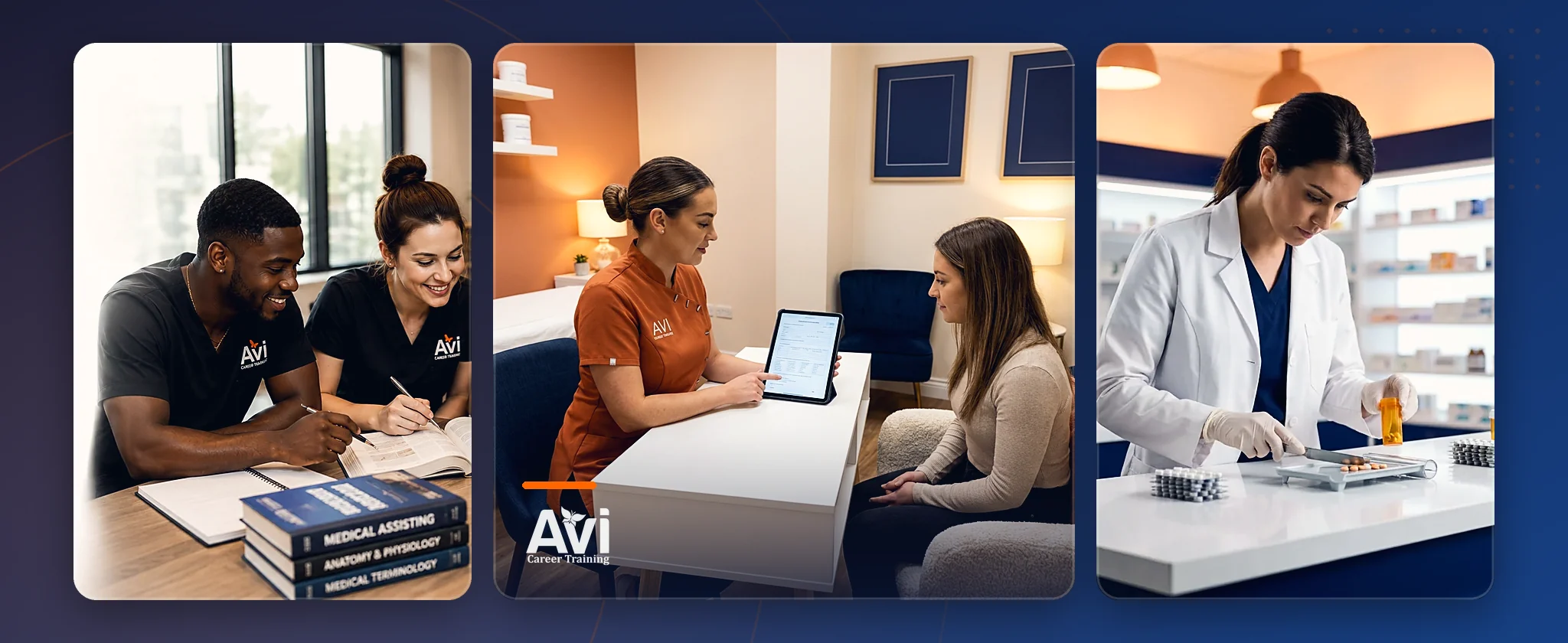 AVI Career Training students studying together, a one-on-one career services meeting, and an AVI graduate working as a pharmacy technician