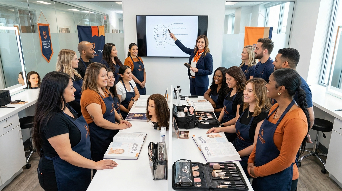 Diverse group of beauty school students learning professional ethics in a modern classroom