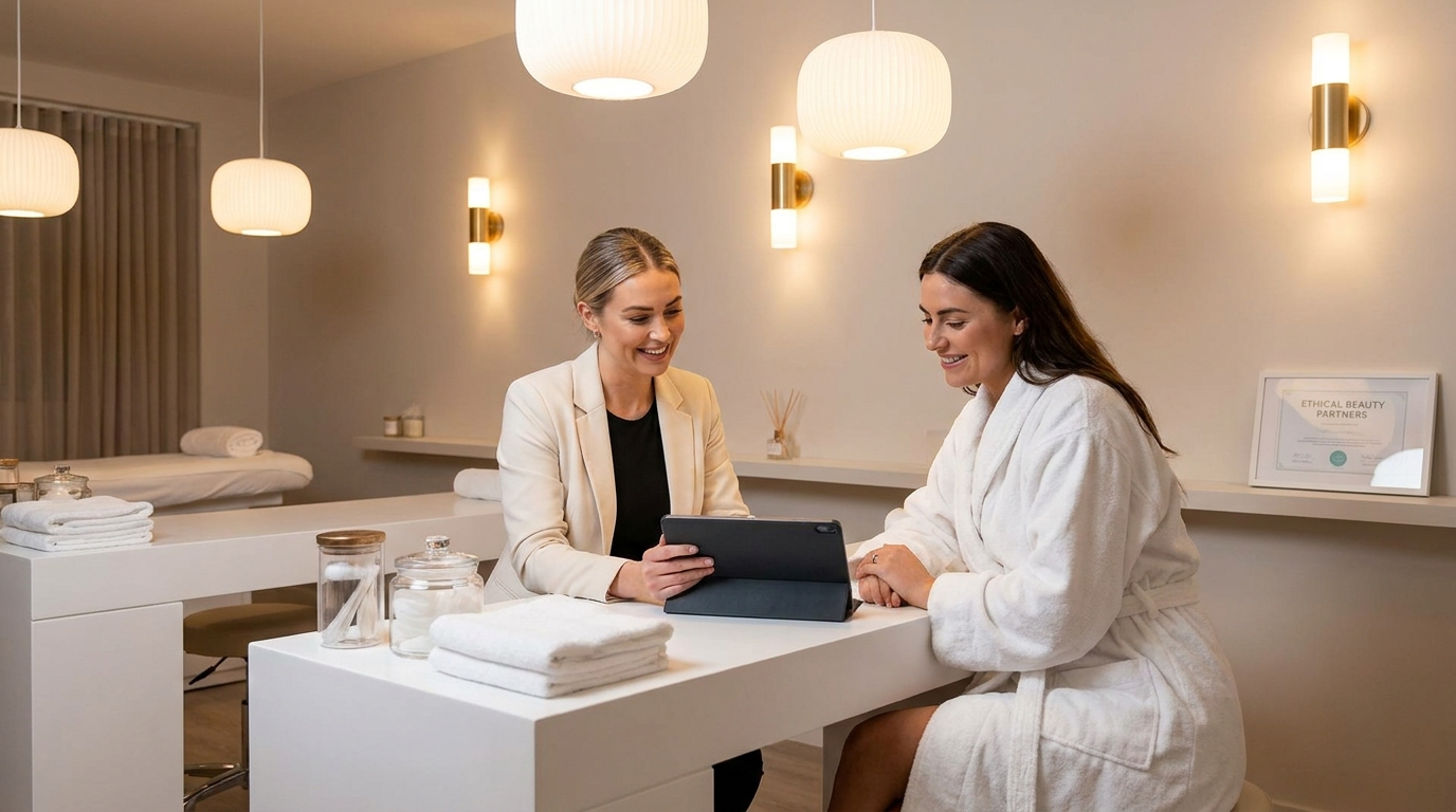 Professional beauty esthetician consulting with a client in a modern salon environment
